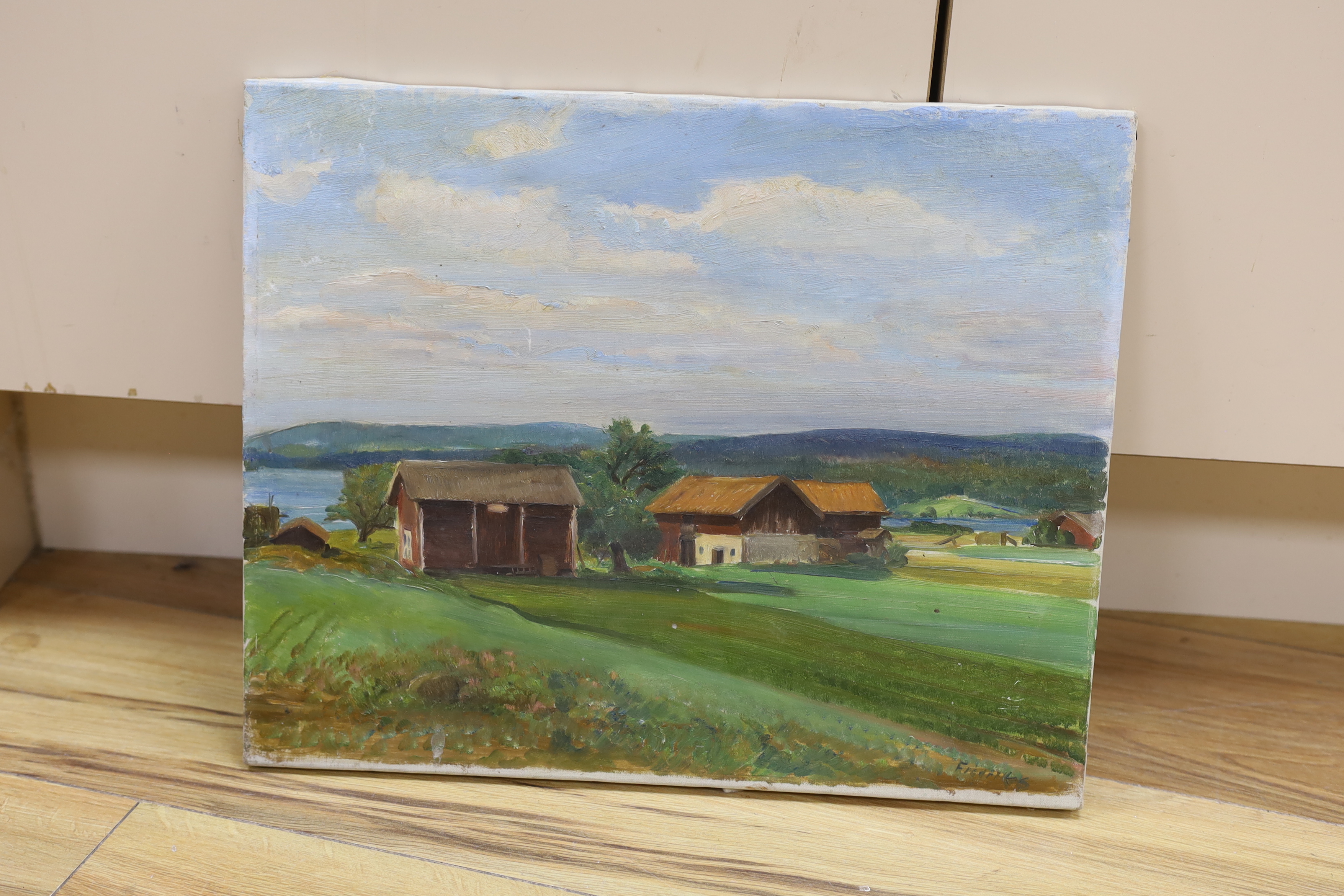 Per Fredriks (1887-1947), oil on canvas, Farmhouses in a landscape, signed, 33 x 41cm, unframed